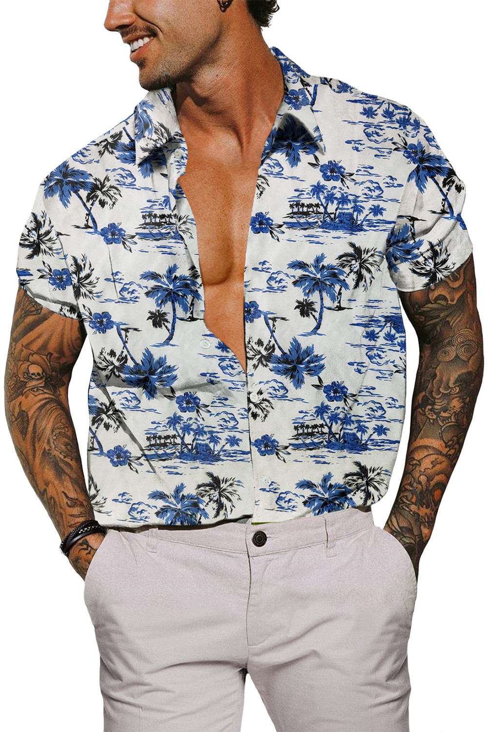 白色花卉印花纽扣短袖男士休闲衬衫 MC255415
