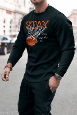黑色男式篮球字母印花长袖上衣和裤子套装
