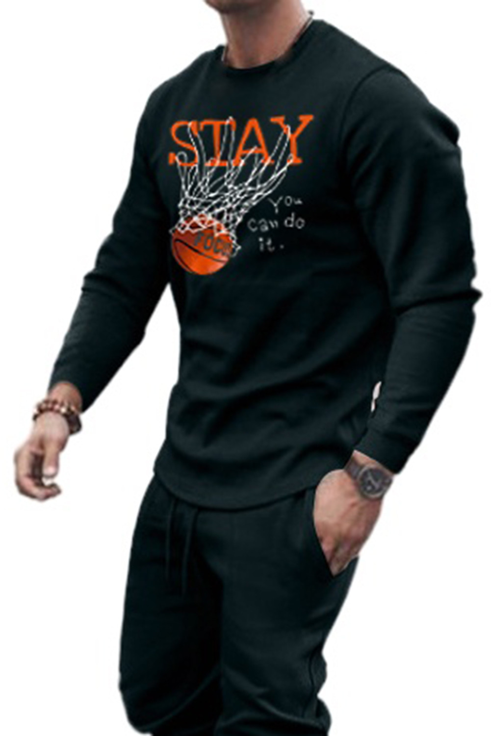 黑色男式篮球字母印花长袖上衣和裤子套装 MC253198