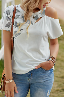 Cow Print Splicing Cut-out Cold Shoulder Short Sleeve T-shirt