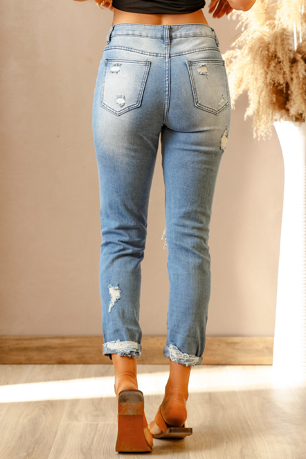 Light Blue Washed Ripped Straight Legs Jeans LC781940