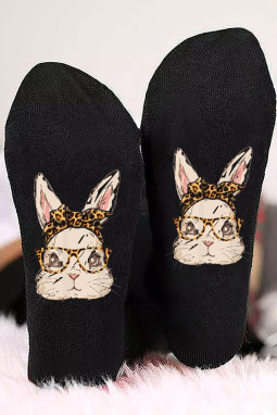 黑色复活节兔子印花中筒袜