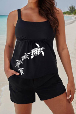 黑色海龟印花无袖加大码坦基尼两件套泳装