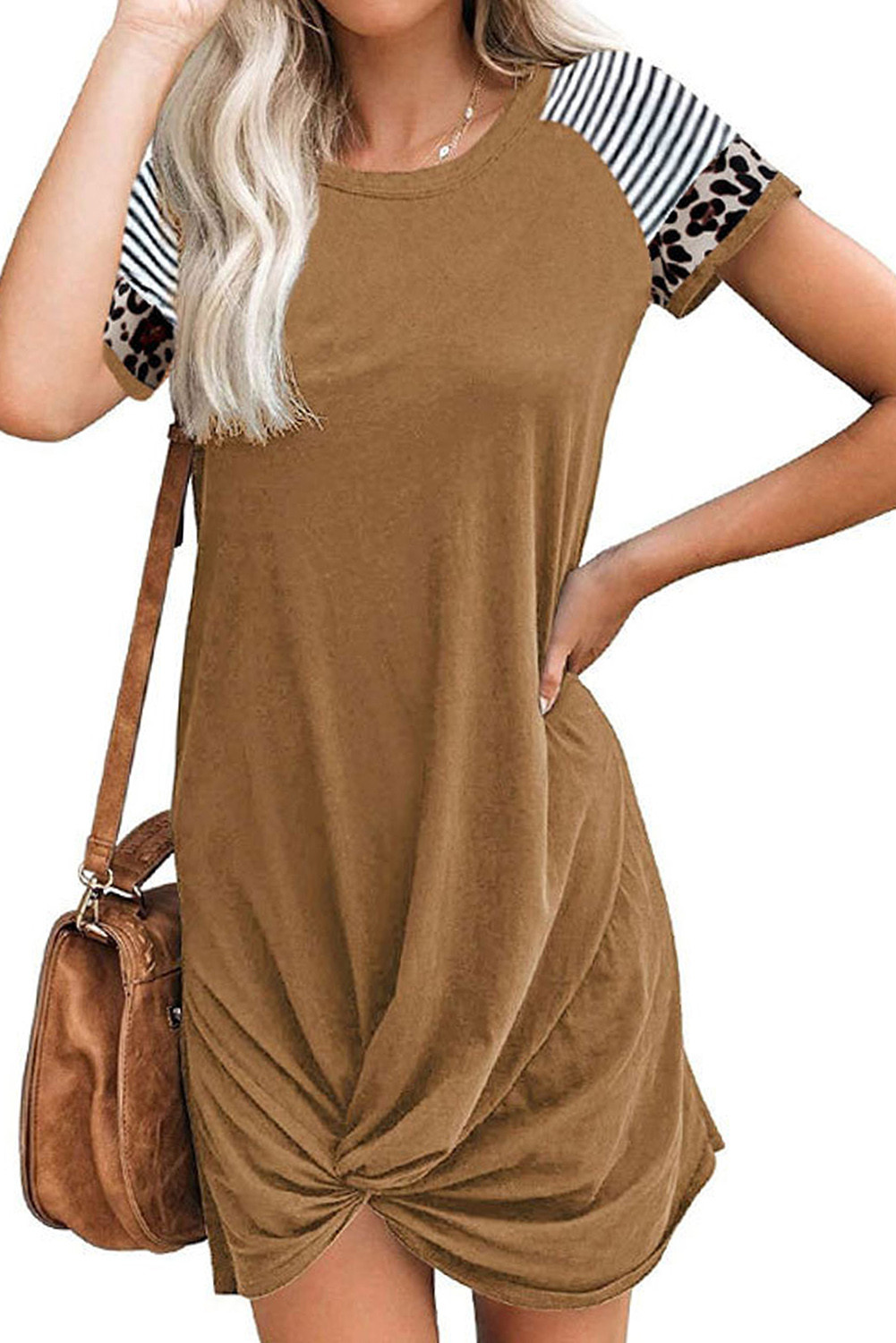 棕色时尚条纹豹纹袖拼接短款连衣裙 LC224811