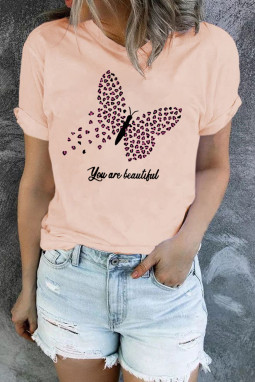 粉色蝴蝶字母印花短袖图案 T 恤
