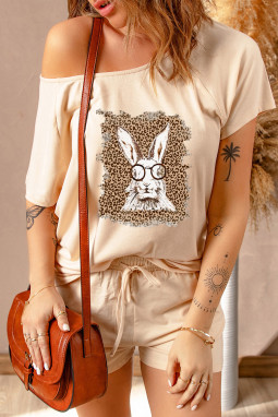 米色豹纹眼镜兔子插肩上衣和短裤针织休闲套装