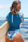 蓝色字母度假印花拼接设计插肩长袖冲浪服泳装