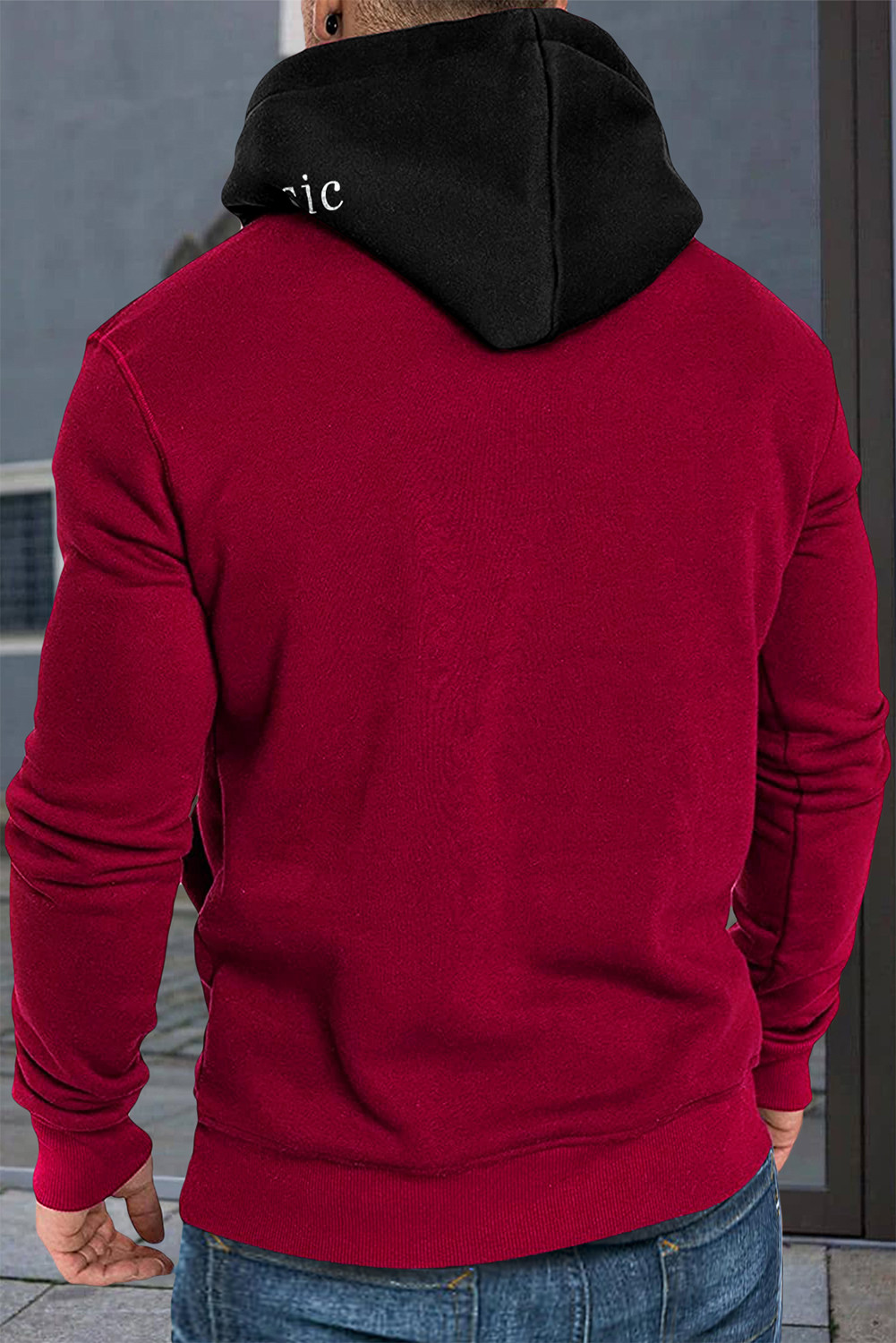 红色修身版型口袋拼色男士图案连帽衫 MC253673