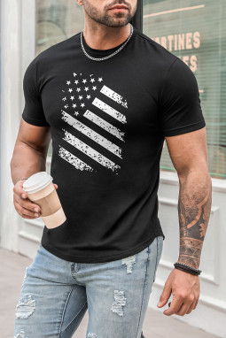 黑色美国国旗图案印花修身男士图案 T 恤
