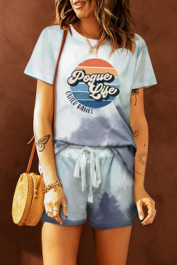 天蓝色 Pogue Life 拼色短袖 T 恤和短裤休闲装