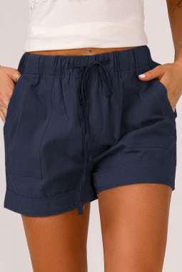 深蓝色夏季舒适口袋女士休闲抽绳短裤