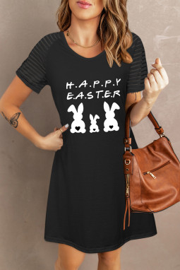 黑色 Happy Easter 兔子印花短袖迷你连衣裙