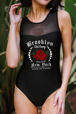 黑色玫瑰字母印花网眼拼布连体泳衣