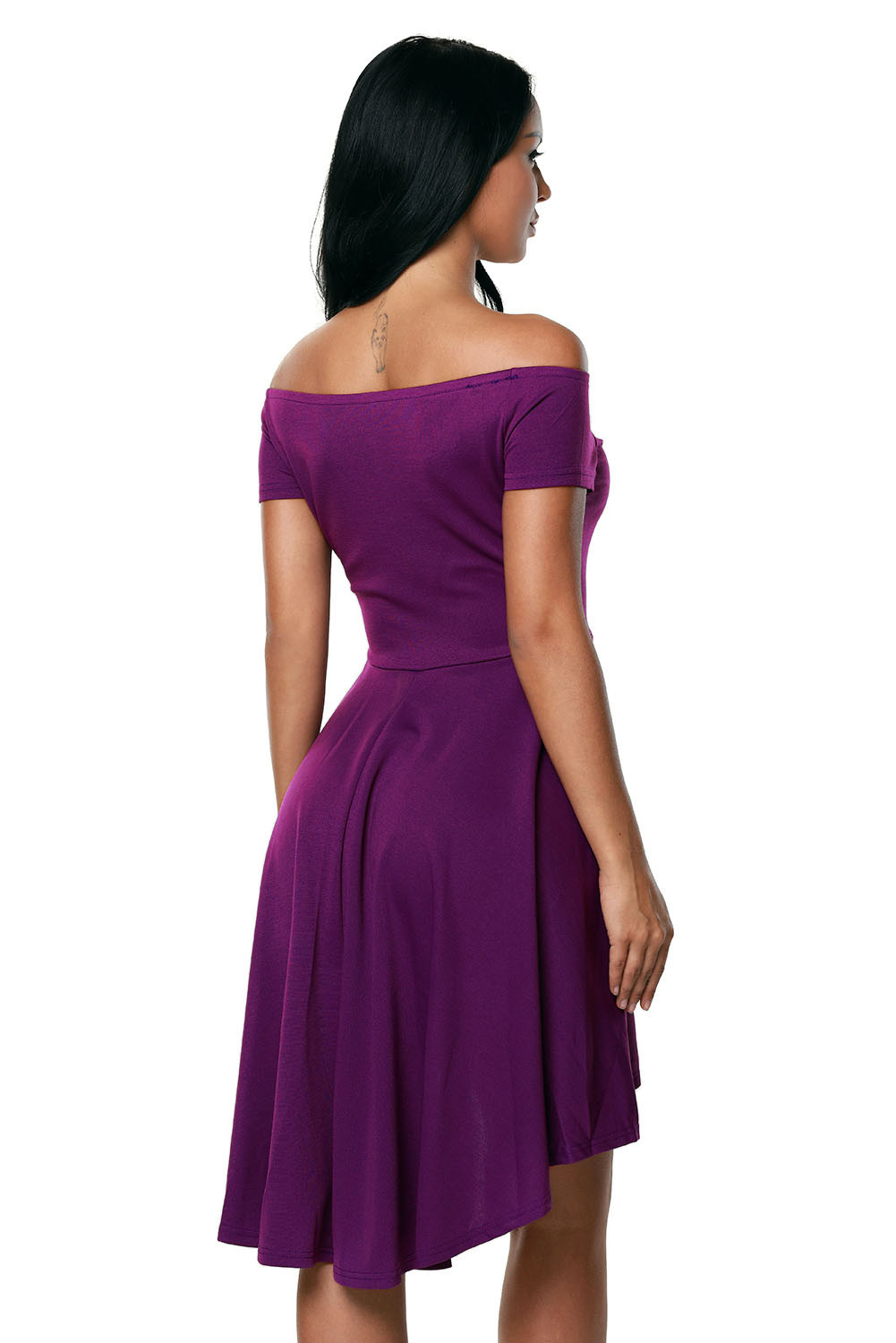 紫色性感一字领短袖前短后长迷你连衣裙 LC61346