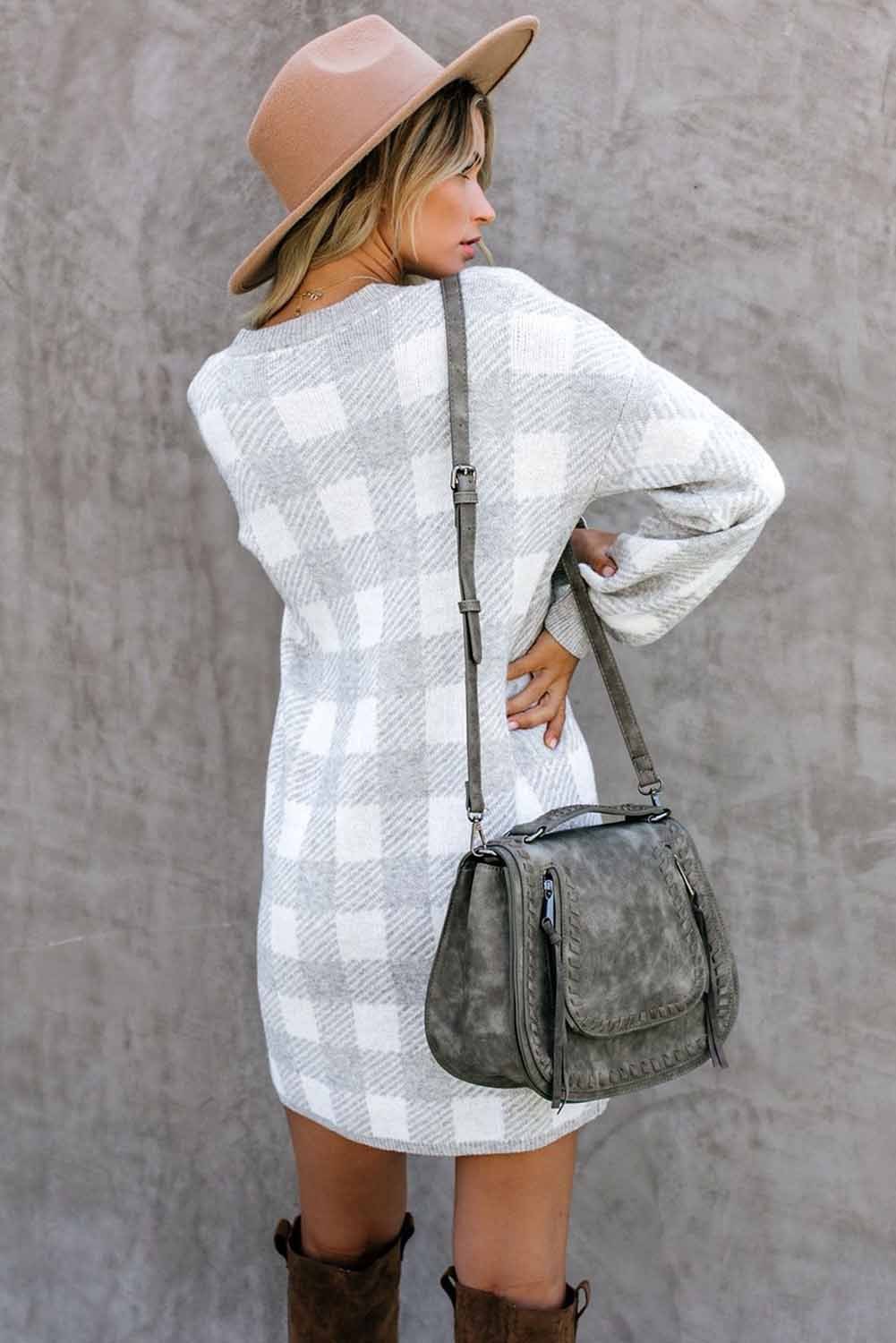 灰色方格布气球袖毛衣连衣裙 LC222017