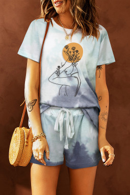 天蓝色休闲肖像涂鸦印花扎染图案 T 恤和抽绳短套装长款