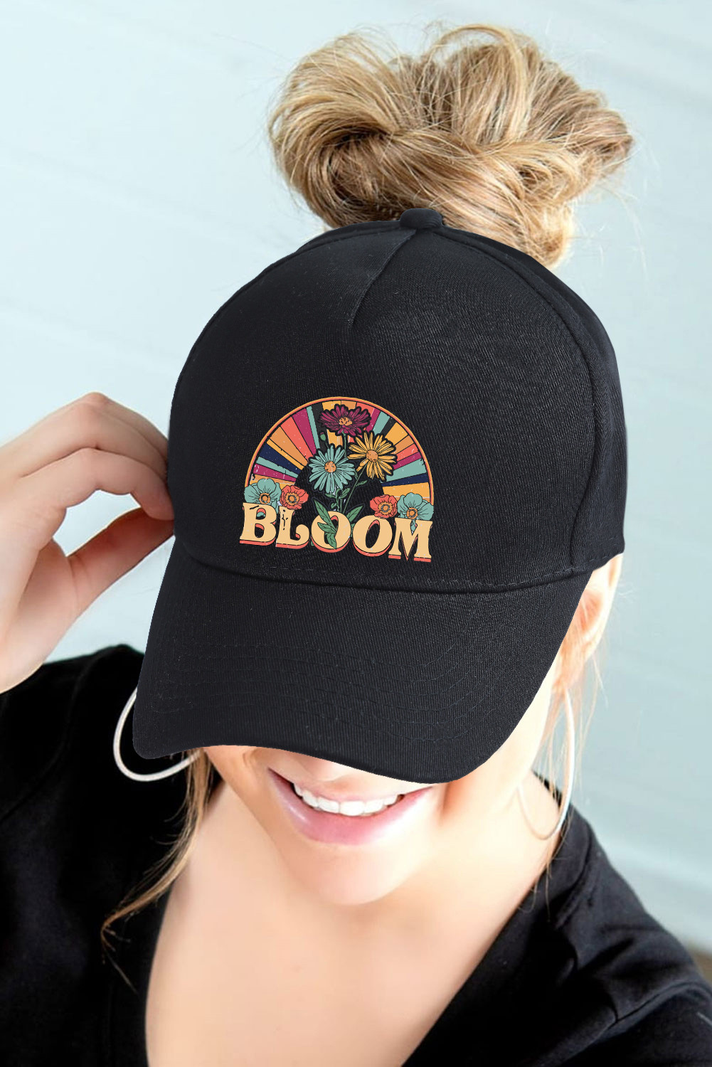 黑色 Bloom 花卉图案印花棒球帽 BH04808