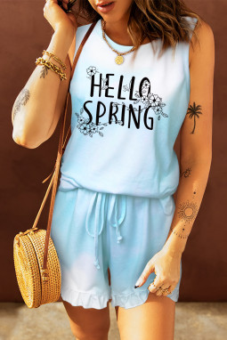 天蓝色 Hello Spring 花卉印花无袖高腰休闲套装
