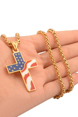 金色男士十字架美国国旗吊坠项链