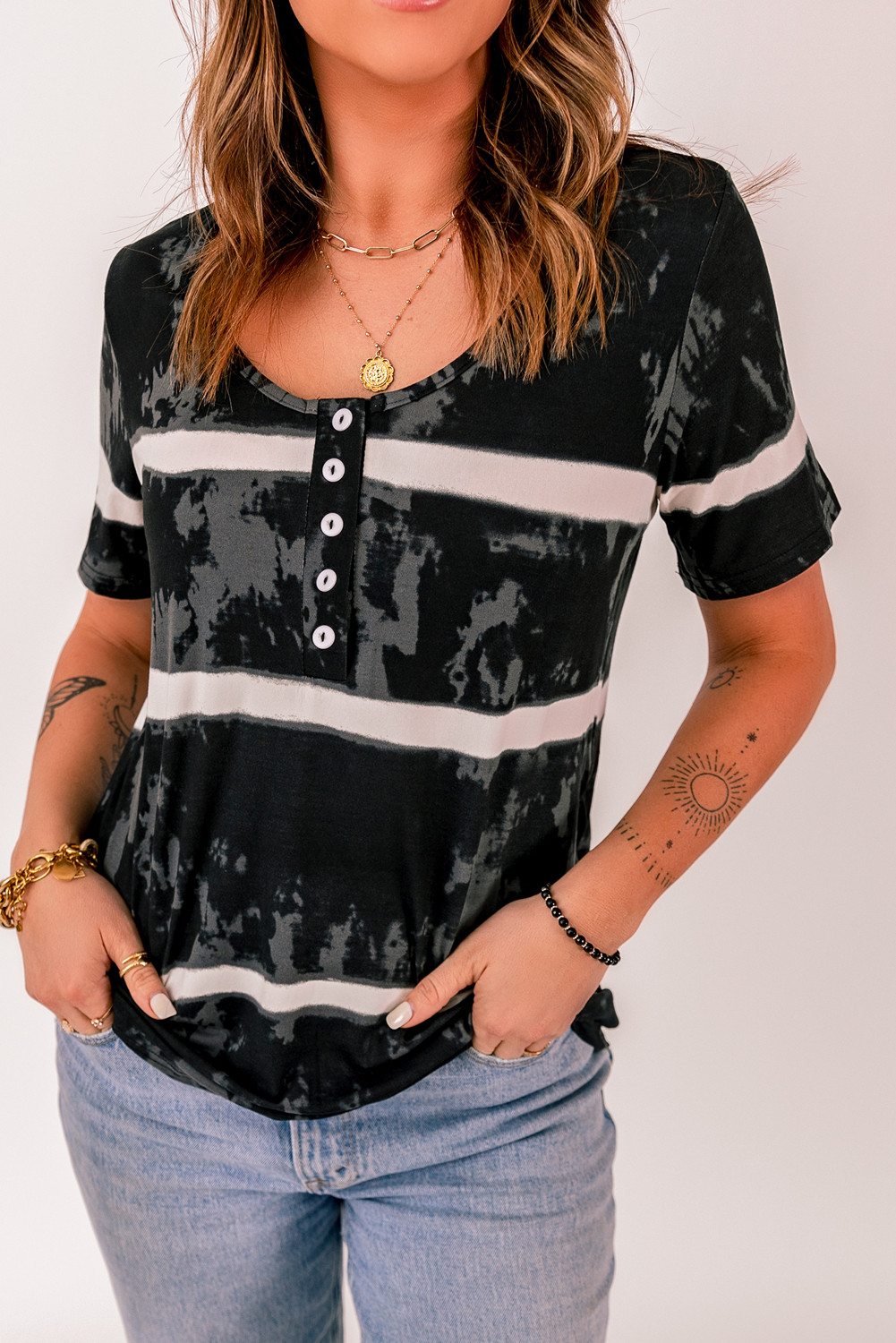 Black Buttoned Tie-dye Short Sleeve Top LC2523699