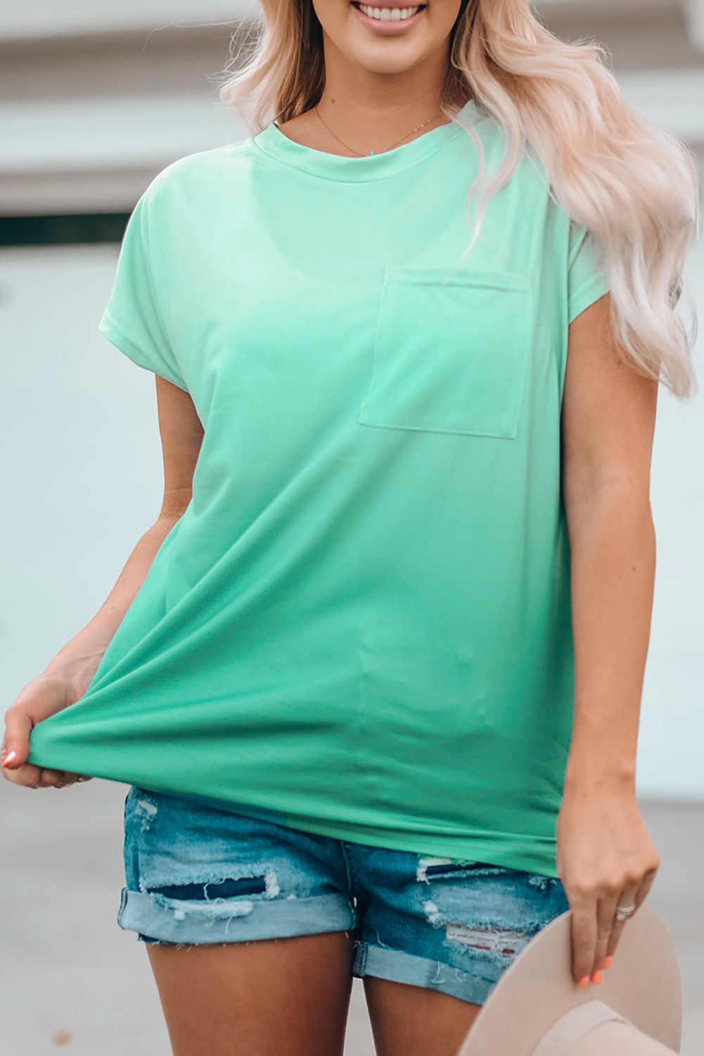 Green Gradient Color Short Sleeve T-Shirt with Pocket LC2527051