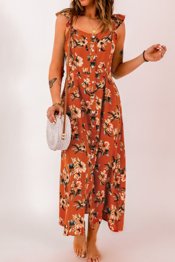 Floral Print Buttons Sleeveless Maxi Dress with A Slit