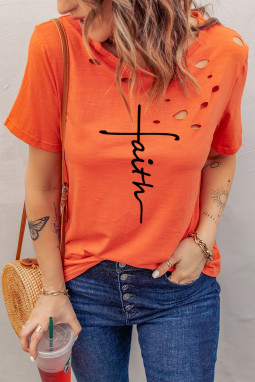 橙色 Faith 十字破洞短袖 T 恤