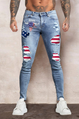 天蓝色美国国旗图案印花拼接男士紧身牛仔裤