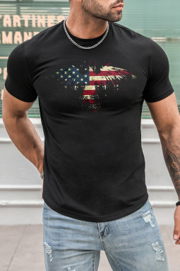 黑色美国国旗鹰图案印花修身男士 T 恤