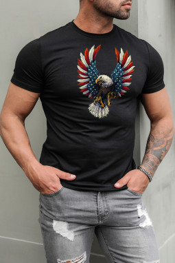 黑色美国国旗鹰图案印花修身男士 T 恤
