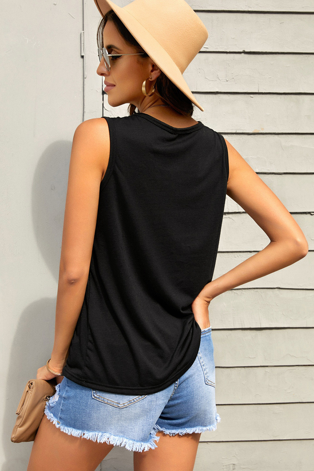 Black Snap Buttons Scoop Neck Tank with Pocket LC2561412