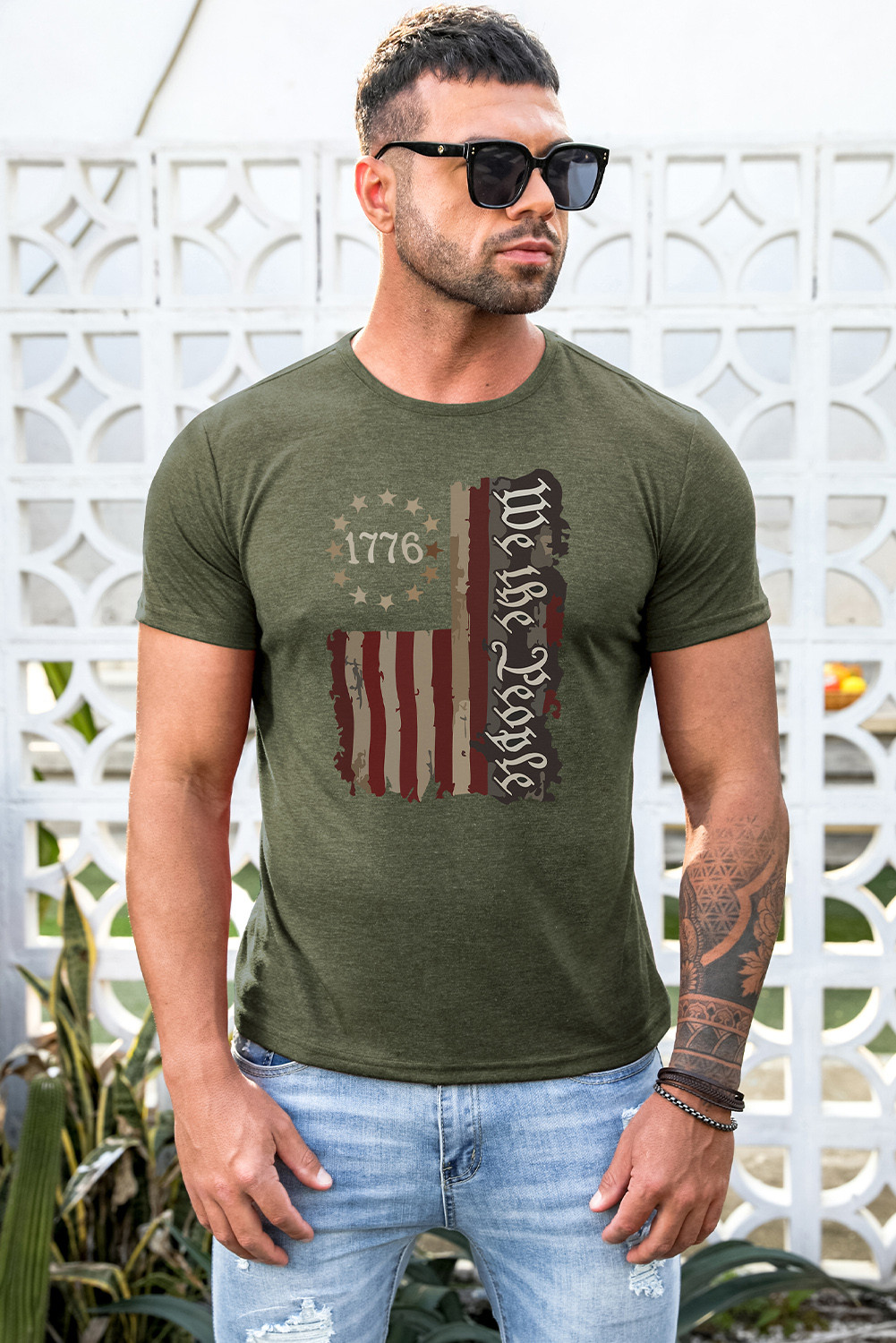 绿色复古美国国旗 1776 休闲男式 T 恤 MC2521655
