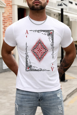 白色扑克牌图案印花短袖男士图案 T 恤