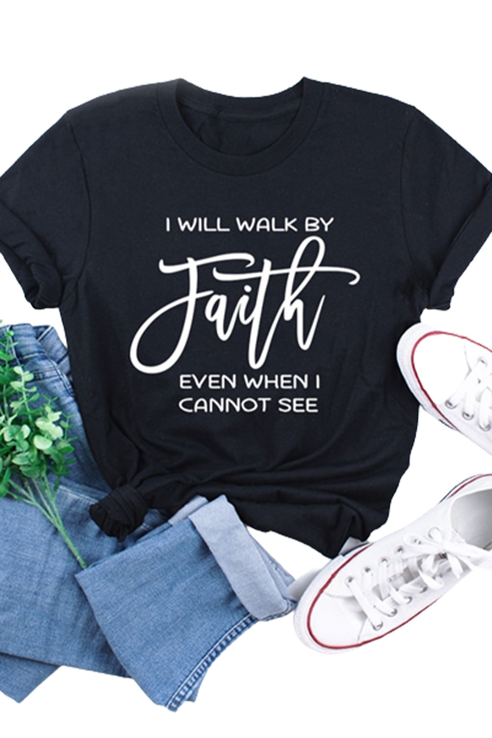 黑色 Faith 字母印花短袖 T 恤 LC25216096