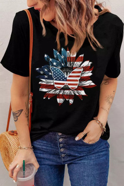 黑色美国国旗向日葵蝴蝶印花短袖图案 T 恤