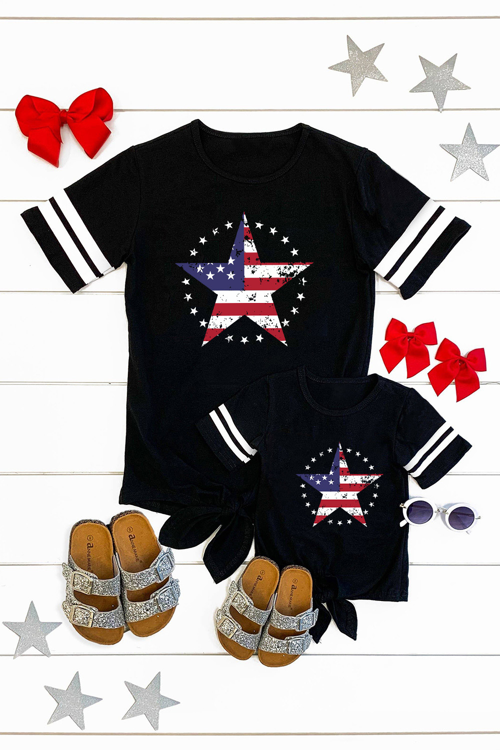 黑色美国国旗星形绑结图案 T 恤 LC619497