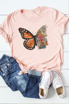 粉色蝴蝶印花短袖图案 T 恤