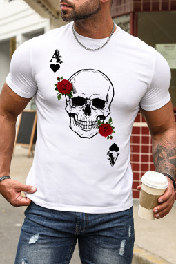 白色扑克牌花卉骷髅印花男士图案 T 恤