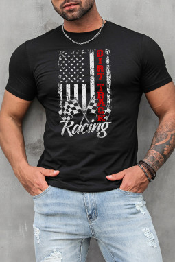 黑色 Racing Dirt Track 美国国旗图案印花修身男士 T 恤