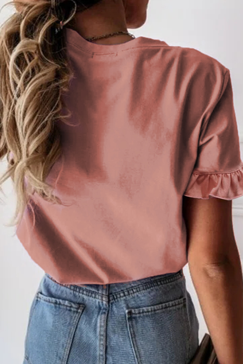 粉色纯色荷叶边短袖 T 恤 LC25213433