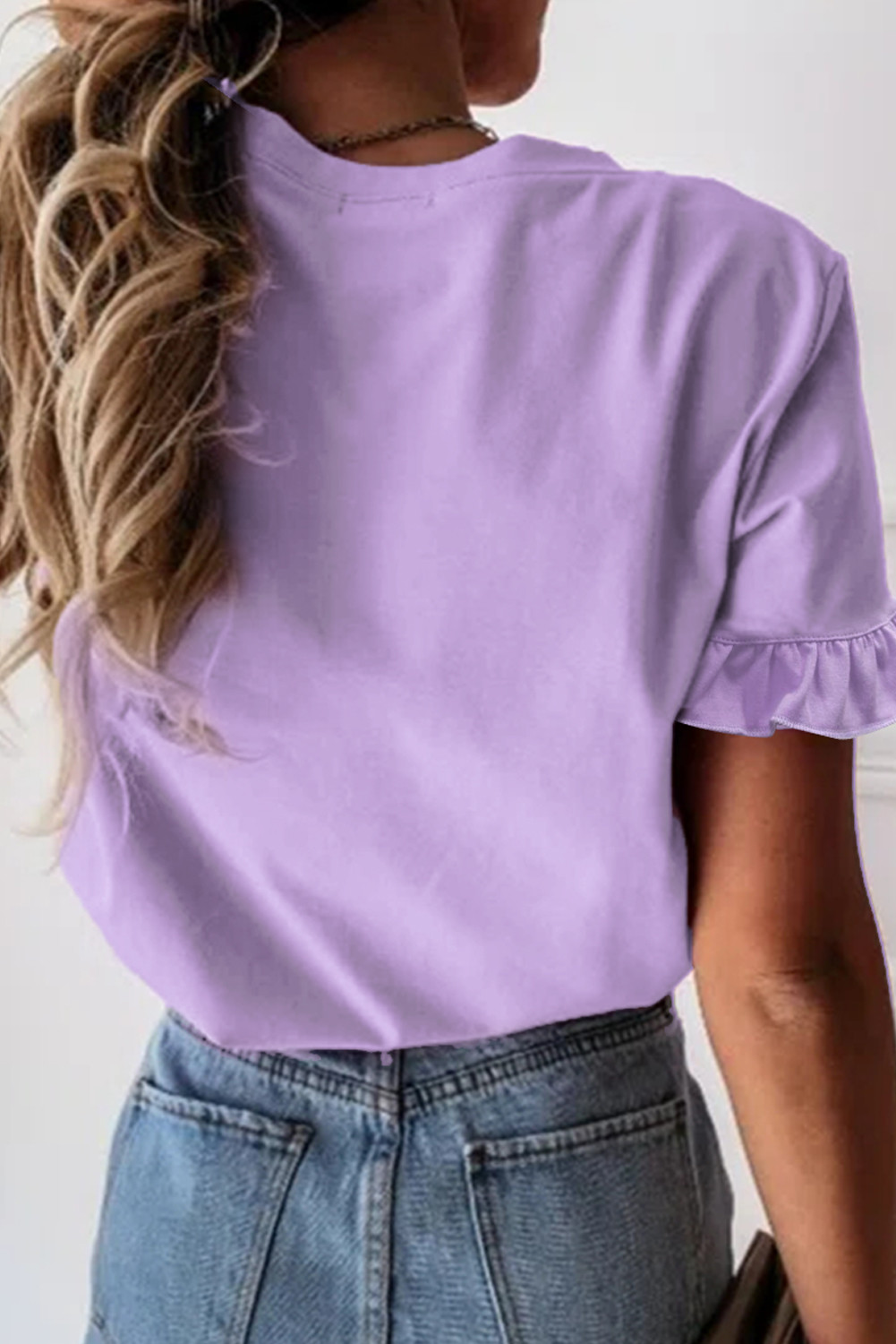 紫色瑞士圆点蕾丝拼接短袖上衣 LC25213433