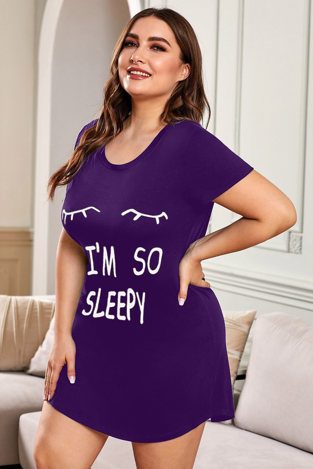 紫色加大码 LET ME SLEEP 图案印花黑色睡衣迷你连衣裙 LC31311