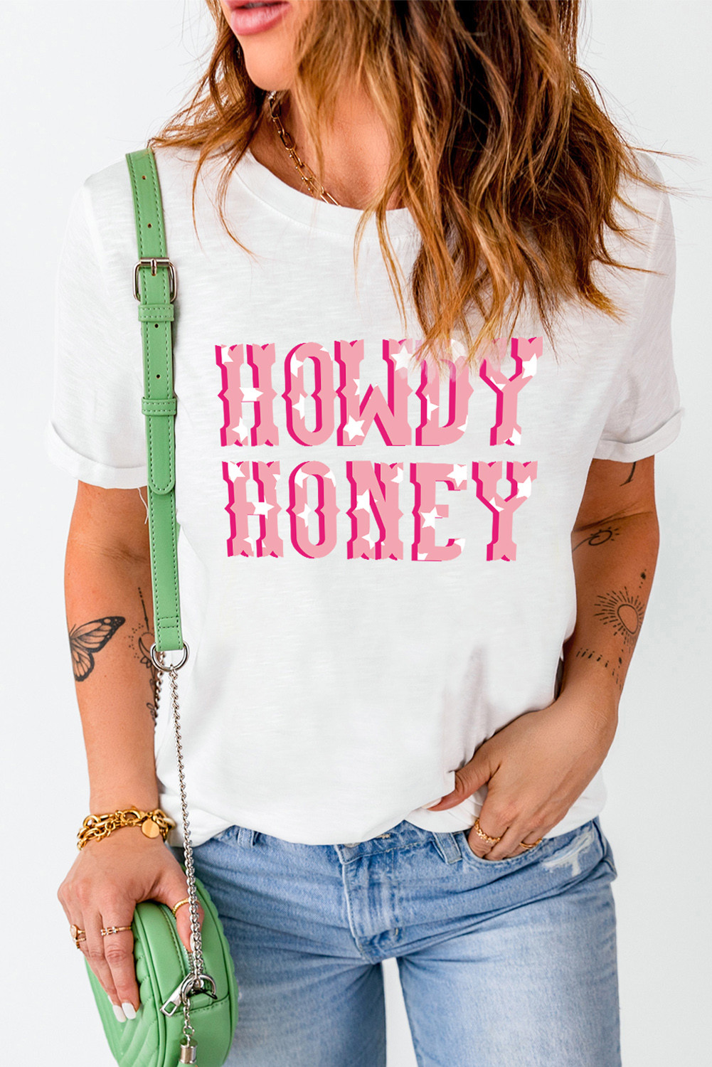 白色 HOWDY HONEY 星星图案印花短袖 T 恤 LC25217559