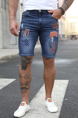 蓝色美国国旗图案拼布肌肉合身男士牛仔裤