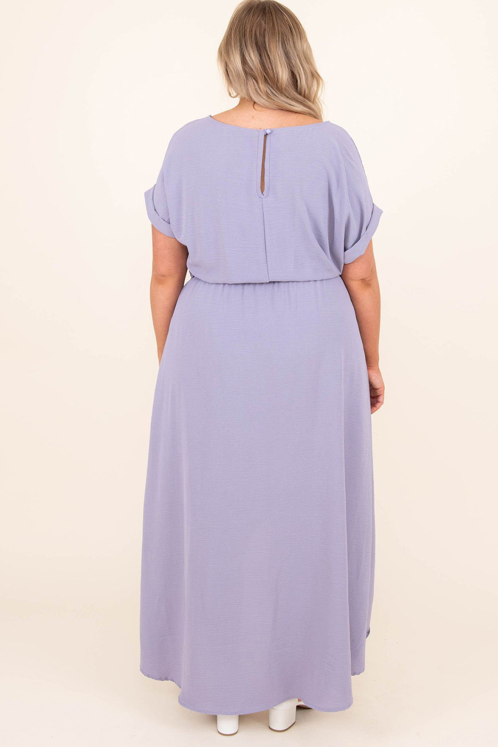 紫色加大码卷起短袖高低长连衣裙 PL61020