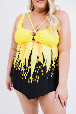 黄色向日葵印花环细节泳装和短裤加上尺寸 Tankini