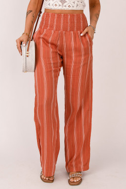 橙色条纹平行绉缝高腰直筒裤