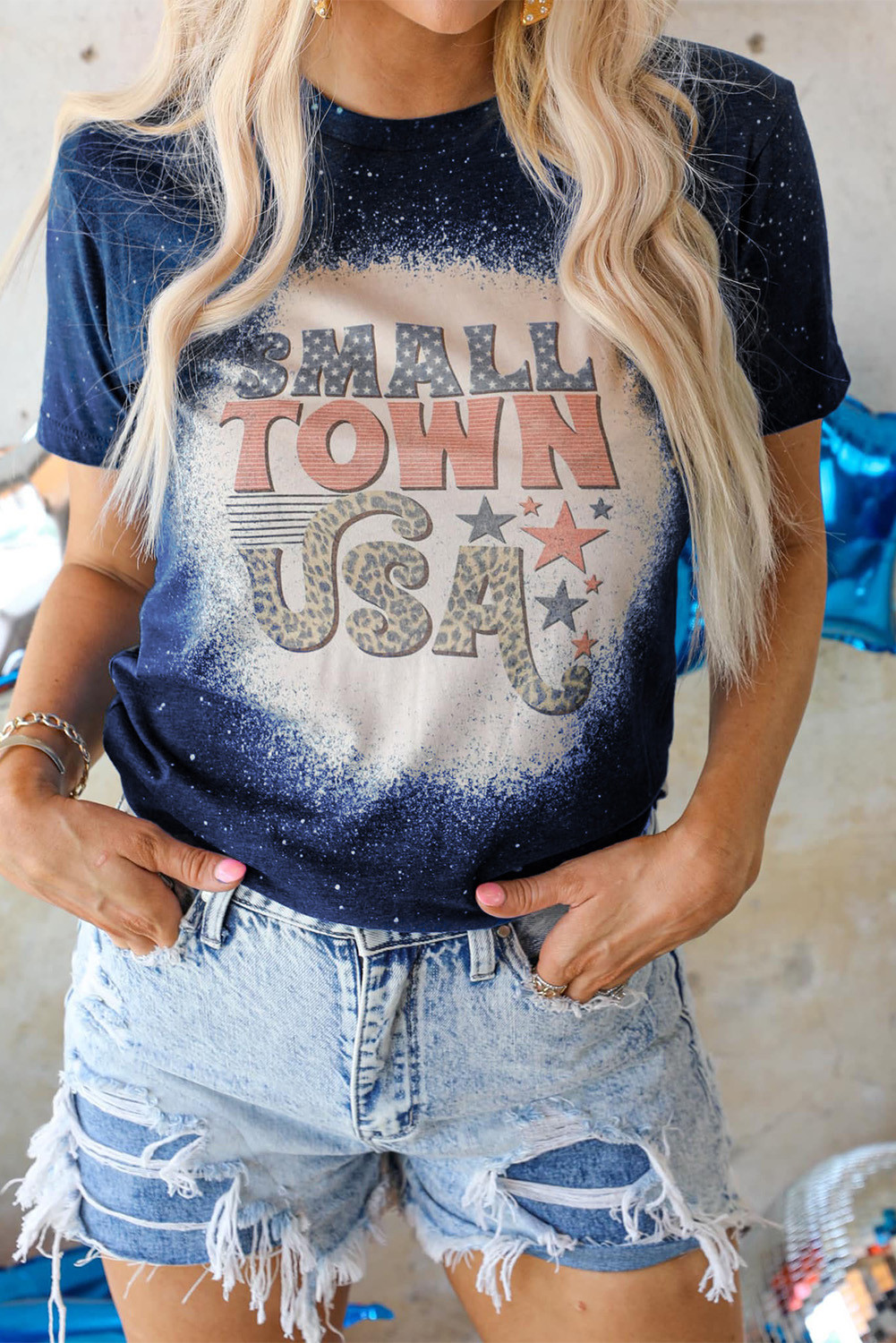 蓝色 SMALL TOWN USA 图案印花拼色 T 恤 LC25216770