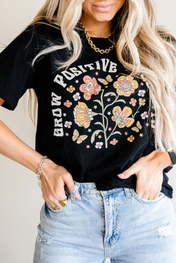 黑色 Grow Positive 花卉图案印花短袖 T 恤
