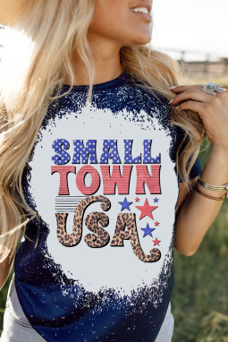 蓝色 SMALL TOWN USA 图案印花拼色 T 恤